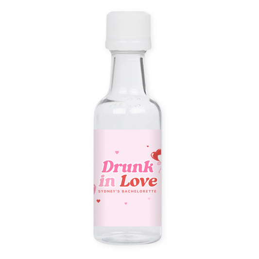 Drunk in Love Bachelorette Party Mini Liquor Label - Pink and Red Hearts