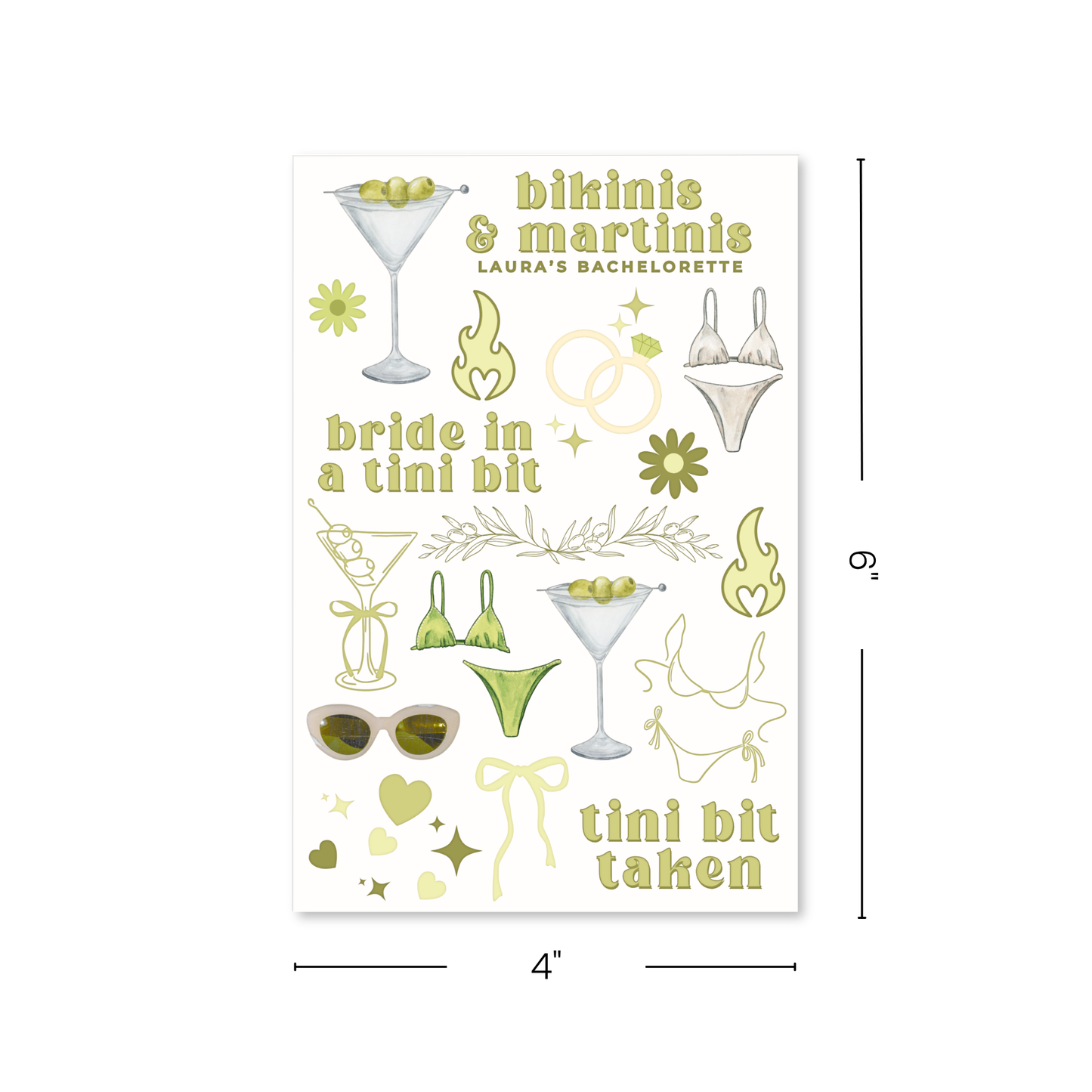 Bikinis & Martinis Bachelorette Temporary Tattoo Sheets
