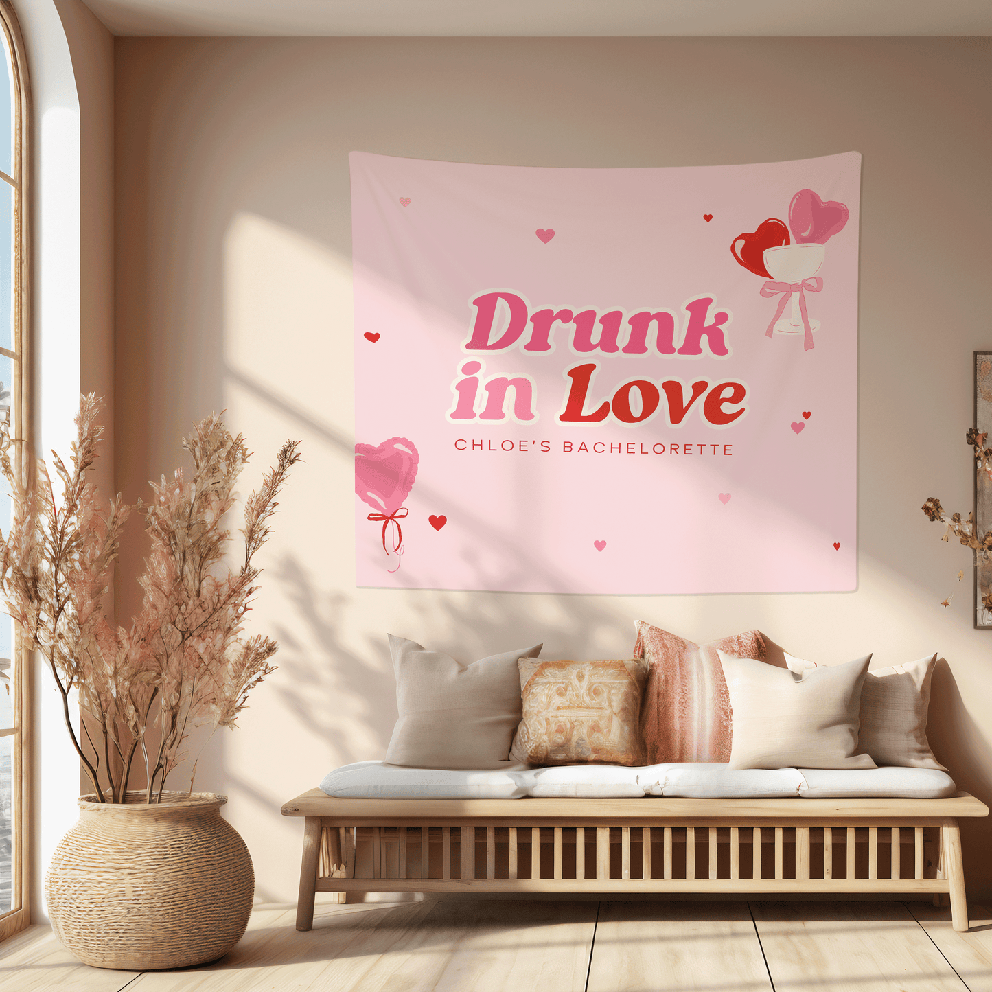 Drunk in Love Bachelorette Party Banner - Pink and Red Hearts