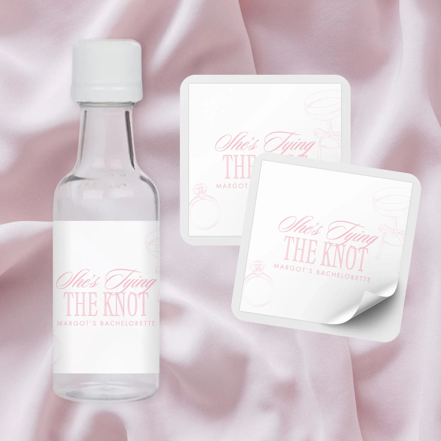 Tying the Knot Bachelorette Party Mini Liquor Label - White & Pink