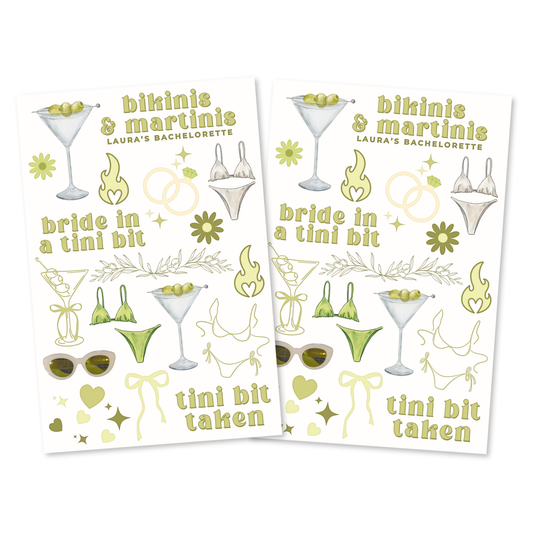 Bikinis & Martinis Bachelorette Temporary Tattoo Sheets