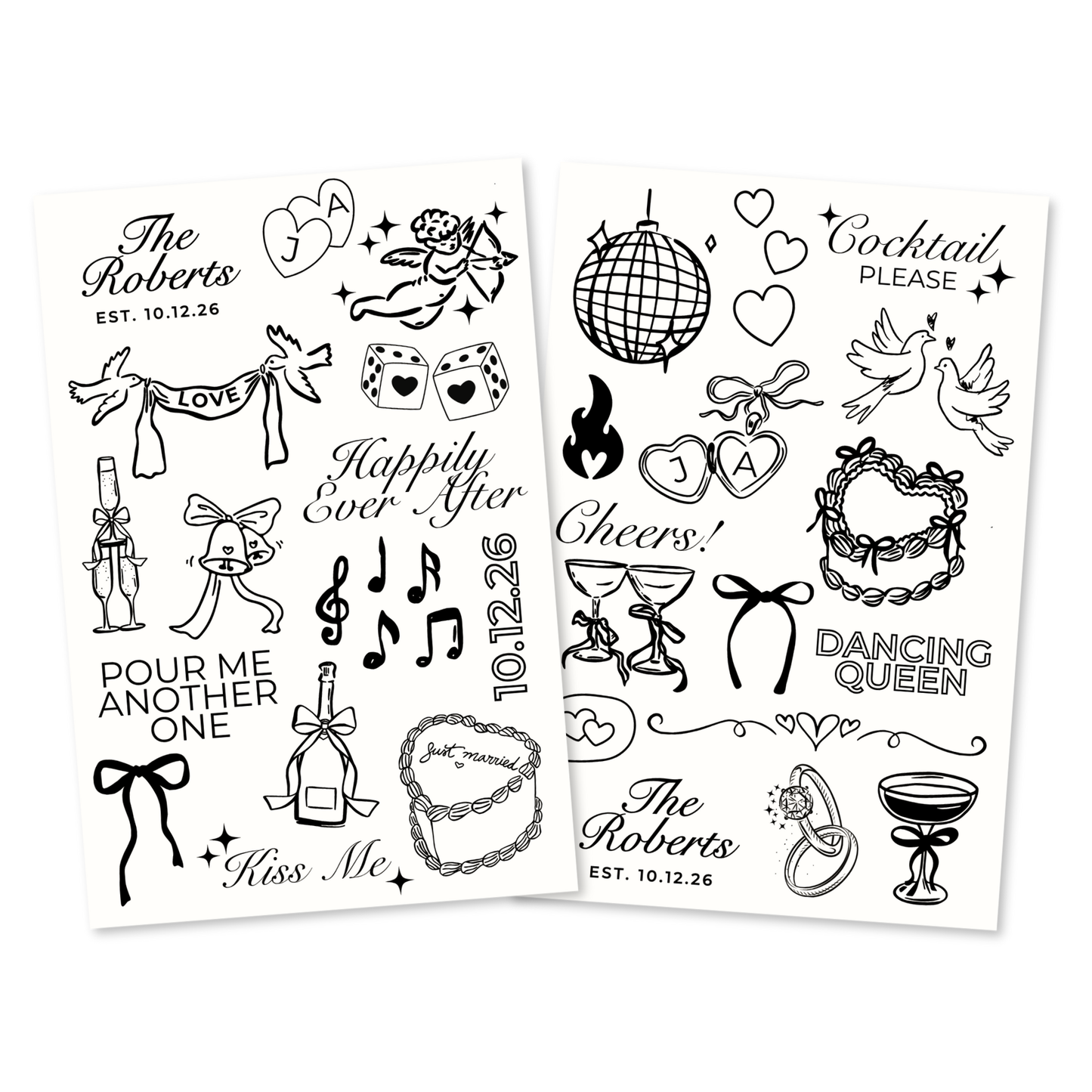 Modern Wedding Temporary Tattoo Sheets